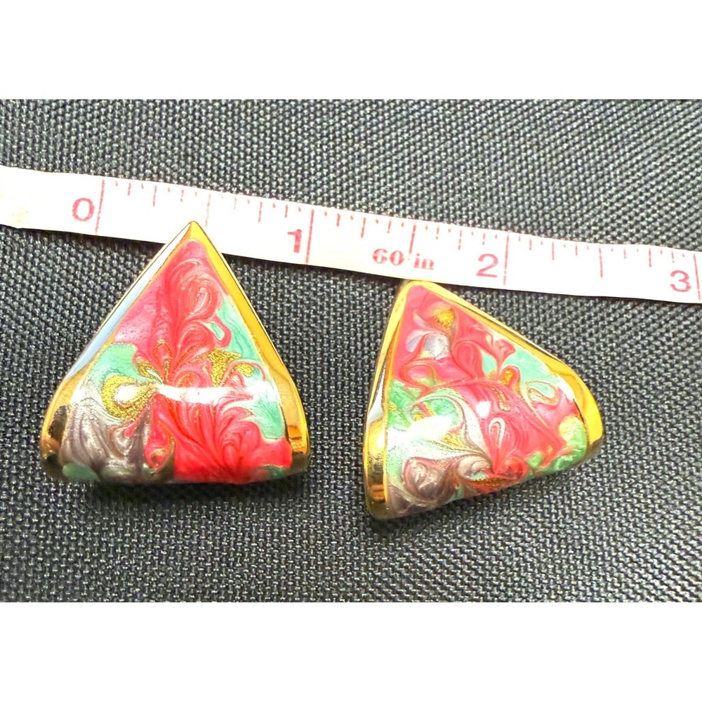 Vintage Triangle‎ Enamel Stud Earrings Gold Tone Pink Teal Abstract Geometric 1"
